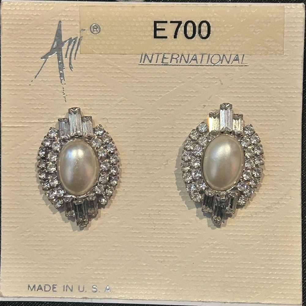 Silver Bejeweled and Faux Pearl Multi-Diamond Ani Pierced Earrings - Picture 4 of 4